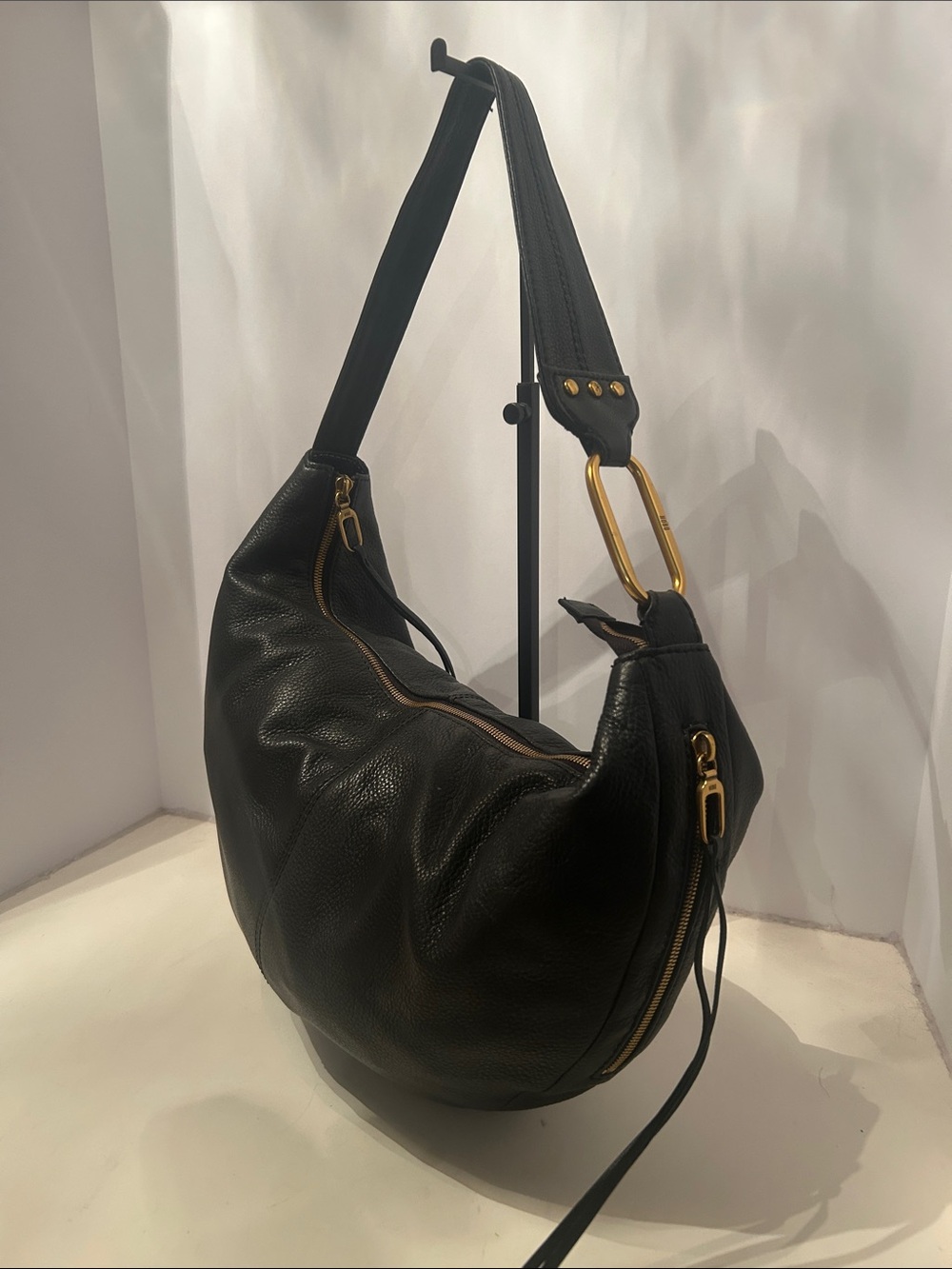 New HOBO Black Leather Hobo with Gold-Tone Hardware